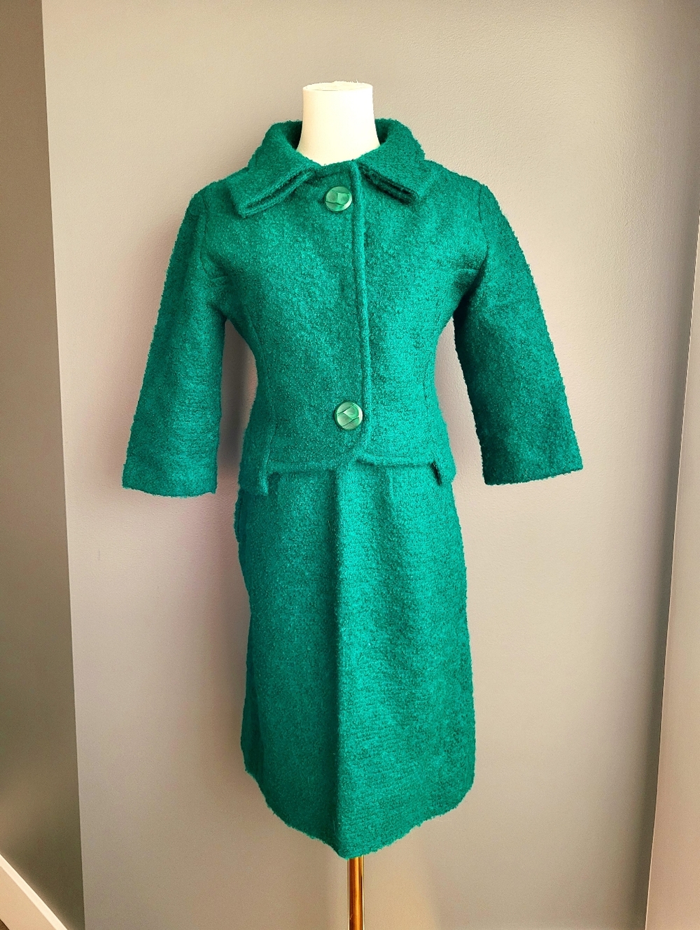 Vintage Bouclé Skirt Suit Set | Emerald Green | Size S